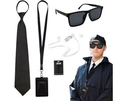 6 Piece Accessory Set, Secret Service Costume Set, Spy Costume Accessories, Sunglasses, Tie, Card Holder, Earpiece, ID Card, Security Officer, Cosplay Kit, Dress Up Role Play