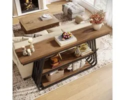Table console Little Trees - 3 niveaux - Aspect bois avec cadre en fer - Industrielle - 140 x 30 x 80 cm - Pour hall, entrée, salon - Brun-noir