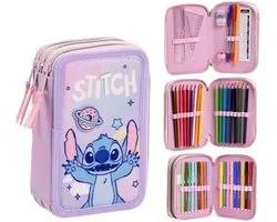 Trousse à crayons Stitch Filles – Trousse à dessin 44 pièces – Trousse à crayons remplie à 3 compartiments avec un contenu coloré