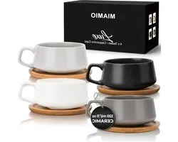 320 ml set van 4 keramische theekop en schotel bamboe/theemok - brede cappuccino beker koffiekopjes keramische mok voor cappuccino latte espresso & Americano - luxe collectie met zoekwoord toegevoegd theezak schotel
