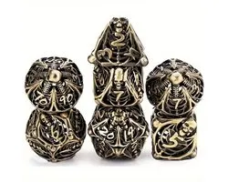 Joya Dice® Polydice Dobbelstenen Set | Geschikt voor het spelen van Dungeons and Dragons & DnD Rollenspellen | Metalen Hollow Dice Set | 7 Stuks | Skeleton Design | Gravebone Bronze