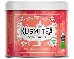 Kusmi Tea - AquaSummer - Organic infusion - Hibiscus and fruit blend peach and apricot flavor - For drinking hot or as iced tea - Theine-free infusion - Metal tea can 100 g for approx. 50 cups