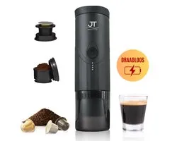JT Products Machine à expresso électrique portable 2 en 1 – Rechargeable – Capsules et Café moulu – Chauffe – Cafetière – Machine à café portable Nespresso – Cafetière de voyage et de camping – Coffee Buddy