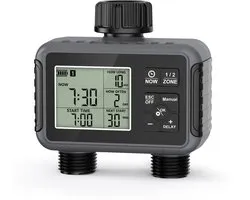 2-weg watertimer – Besproeiingscomputer voor 2 zones - Besproeiingscomputer - beregeningscomputer - IPX5 waterbestendig - Instelbare bewateringstijd en - frequentie per zone