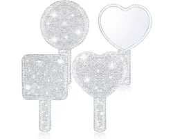 Bucherry 3 stuks strass handspiegel hartvormige bling oogverblindende handspiegels vierkante ronde vorm witte cosmetische draagbare decoratieve persoonlijke make-up spiegels voor vrouwen meisjes