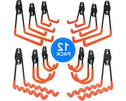 Heavy Duty Steel Double Garage Hooks - 12 Pack With Storage Strap - Bicycle Holder and Tool Organizer for Organizing Power Tools and Large Items