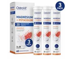 Magnesium + Potassium Bruistabletten Grapefruit 3 x 20 Tabletten – Met Magnesium, Kalium & Vitamine B6 – 60 Bruistabletten