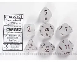 Chessex dobbelstenen set, 7 polydice, Frosted clear w/black