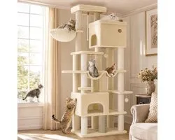 Hzuaneri Arbre à chat, 185 cm XL Arbre à chat avec 10 poteaux à griffer, 2 abris, 2 hamacs, grande plateforme, brosses pour chats, panier, arbre à chat robuste pour Maine Coons et grands chats, beige