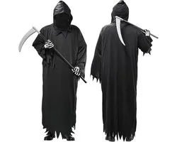 Faburo Halloween Costume Men Grim Reaper Robe with Head Cap Face Mask, Sickle and Gloves, Grim Reaper Costume for - ShopVlot