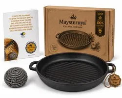 MAYSTERNYA Gietijzeren Grillpan Ø34 cm – BBQ Grillplaat – Geschikt voor Buitenkeuken, BBQ & Oven – Duurzaam – Mat Zwart