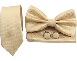 Sorprese Stropdas Set - Ruit - Champagne Smal - inclusief strik pochet en manchetknopen - stropdassen voor heren - vlinderdas - Cadeau