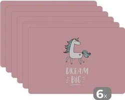 Set de table enfants - Set de table - Napperons de table plastique - Licorne - Enfants - Citations - Dream big - Filles - Rose - 45x30 cm - 6 pièces - Résistant à la chaleur - Antidérapant - Coussinet - Amovible