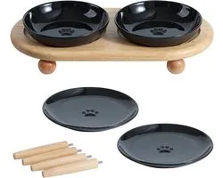 Raised Ceramic Cat Dishes, Food and Water Bowl with 2 Styles Standard Adjustable Raised Pet Bowl Set, Anti-Whisker Fatigue (2 Saucer+2Shallow Dish+Stand