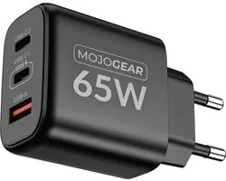 MOJOGEAR Charge+ 65W USB C adapter — Snellader voor o.a. smartphone, tablet en laptop — 2x USB-C-poort / 1x USB-A-poort — Compact formaat ideaal voor op reis — USB C oplader — Zwart