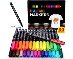 Set de 30 Marqueurs textile - Marqueurs pour T-shirts, chaussures et projets de DIY - Peinture textile lavable en 30 couleurs - Convient pour le Katoen, le lin et la toile - Idéal pour les Enfants et les Adultes