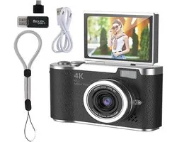 KZQ 4K digitale camera 48MP met flip screen selfiecamera 8x zoom 32GB geheugenkaart 2,4 inch HD kantelscherm LED invullicht vlogcamera zwart voor kinderen tieners en studenten