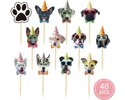 48 delig cup cake/fruit prikkers - Thema: hond -voor decoreren van cake, fruit, cup cake, muffin en andere desserts
