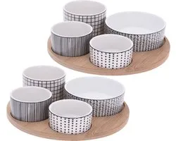 Set van 2x stuks serveerplanken bamboe dia 22 cm met 8x luxe hapjes/saus/tapas porselein schaaltjes