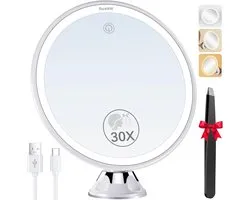 Thijox - Auxmir Make-upspiegel 30x Vergroting LED Verlichting, Dimbaar, 2000mAh, 8 Inch, Sterke Zuignap, Ideaal voor Badkamer en Reizen