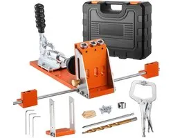 Verstelbare pocket hole jig-set, geschikt voor materialen van 12,7 tot 38,1 mm, inclusief gereedschapskoffer, C-klem, trapboor, inbussleutel, boorstopring, vierkante aandrijfbit, duurzaam metalen frame, ideaal voor houtbewerkingsprojecten