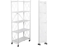 FOXSPORT Inklapbare stellingkast -5 plank kast - Opbergplanken - Met 360° wielen - Open Vakkenkast - Keuken Opslag - Keuken Organizer - Stevig Opbergrek Magnetron - Keukenrek - Industrieel - 71.5x36.5x163cm - Wit