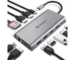 Fit-Fort, 12 Ports USB C Hub Triple-Display USB C Adapter with Triple 4K-HDMI, Type C PD, 4 USB Ports, Gigablit Ethernet, SD/TF Card Reader Compatible for MacBook Pro/Air More Type C devices en 128gb ssd kaart