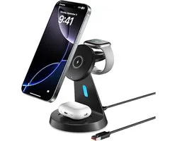 Chargeur sans fil avec Mag-Safe – Station de charge 3-en-1 pour Apple – Station de charge inductive rapide 15W – Convient pour iPhone 17/16/15/14/13/12 – Convient pour AirPods 4/3/2/Pro – Convient pour Apple Watch 10-2/SE/Ultra/Ultra 2