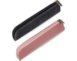 SnelShoppen - Leer Potloodetui Set van 2 Stuks, Slanke Pennentas, Draagbare Kleine Etui met Rits, Makeup Tas, Lipstick Houder voor Vrouwen en Mannen,