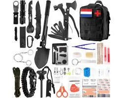 XXL Survival Kit 92-en-1 – Ensemble de secours Outdoor & Camping – Kit de survie Bushcraft avec trousse de premiers secours, Multitool, Hache, Lampe de poche & Paracorde – Incluant sac tactique avec patch NL