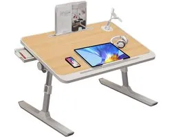 Table d'ordinateur portable pliable pour lit – Bureau de lit réglable avec support de livre, tiroir, support de tablette et port USB – Comprend une lampe et un ventilateur – Couleur bois