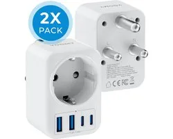 Voomy Reisstekker Zuid Afrika 2x Pack - Met 2 Usb-C & 2 Usb-A - Wereldstekker Type M - Geschikt voor Zuid-Afrika, India, Nepal, Maleisie, Namibie, Sri Lanka, Singapore - Wit