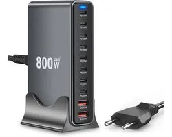800 W USB C oplader meerdere USB, PD 140w, 100w, 65w 10 poorten snellader, Gan 3 Power laadstation met 8 USB C + 2 USB A-poorten voor MacBook Air, iPad, iPhone 16 15Pro 14 13 12, Galaxy S22 S20