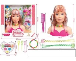 Kaphoofd met make-up sieraden en haaraccessoires schminkpop styling head