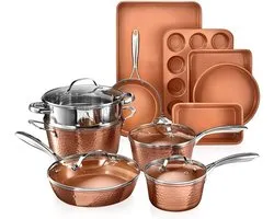 GOTHAM STEEL Hammered Copper Collection - 15-Piece Premium Cookware and Bakeware Set with Non-Stick Coating, Aluminum Composition, Includes Baking Pans, Pans, Pantry Jars, Bakeware & More, Dishwasher