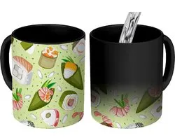 Magic Mug - Photo Heat Mugs - Coffee Mug - Patterns - Sushi - Japan - Green - Magic Mug - Cup - 350 ML - Tea Mug - Sinterklaas decoration - Handout gifts for children - Shoe present Sinterklaas