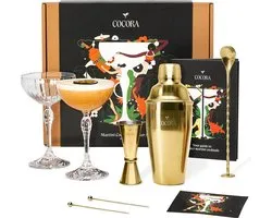 Cocora Martini Geschenkset - 8-delige RVS Cocktail Set - Cocktailshaker - Martini Coupe Glazen - Cocktail Boek met o.a. Pornstar, Espresso Martini recept - Goud