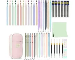 44 Pieces Stationery Set voor School - Studenten met Pencil Case - 12 Marker Pens - 6 Printing Pencils - 6 Gel Pens - Aesthetic Stationery Set voor Kinderen 7-12 Jaar