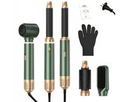 5-in-1 föhnkam - Multifunctionele styler - Warmeluchtkam met lage snelheid - Automatische krultang - Föhn en styler - 1000W - 220-240V - Inclusief hittebestendige handschoenen - Groen