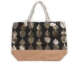 Beach Bag with Wicker and Metallic Pineapple Print