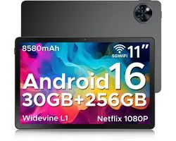 Tablette DOOGEE U11 Pro Android 15, tablette 11 pouces + 90 Hz, 30 Go + 256 Go, batterie 8 580 mAh, appareil photo T7200 13 MP, tablette tactile 1080p, Zwart