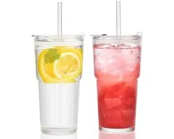 Grands verres à boire avec couvercle et paille, lot de 2 pour bubble tea, latte macchiato, smoothie et cocktails