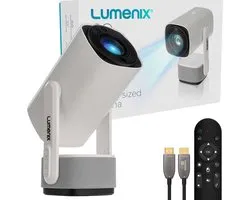 Lumenix® GO - Mini Beamer met accu - Voor iOS en Android - Smart TV Projector - Android 11.0 - WiFi 6 & Bluetooth 5.2 - Thuisbioscoop - Draagbaar en Draadloos - Wit
