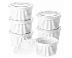 DOWAN Ramekins with Lids 6 oz Oven Safe, Cream Brulee Souffle Ramekins with Covers, Porcelain White Ramekins for Baking, Stackable, Set of 6