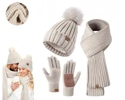 3-delige set - Winter gebreide muts, sjaal en handschoenen - Dames muts, sjaal en handschoenen set -Fleece gevoerde wintermuts met pompon - Lang Gebreide sjaal, touchscreen handschoenen - Outdoor warme muts driedelige set-Voor koud weer-Gebroken wit