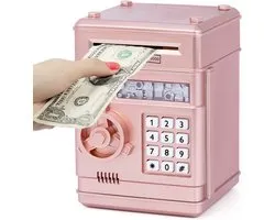 Money Box Kids Toy Money Box with Electronic Lock Automatic Rolling Paper ATM Cash Safe for 3-7 Years Old Kids Boys Girls Best Toy Gifts for Birthday Christmas (Rose Gold)