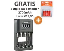 Chargeur de piles Jupio USB UltraFast AA/AAA à 4 emplacements + pack de 4 piles Jupio 2700mAh AA gratuites