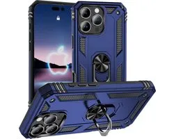 iPhone 16 Pro Max Blauw Premium Kickstand Armor Hoesje - Extreme ShockProof iPhone 16 Pro Max Blauw Backcover - Ultra Luxe Hybrid Armour iPhone 16 Pro Max Case - 360° Rotating Ring Grip Kickstand