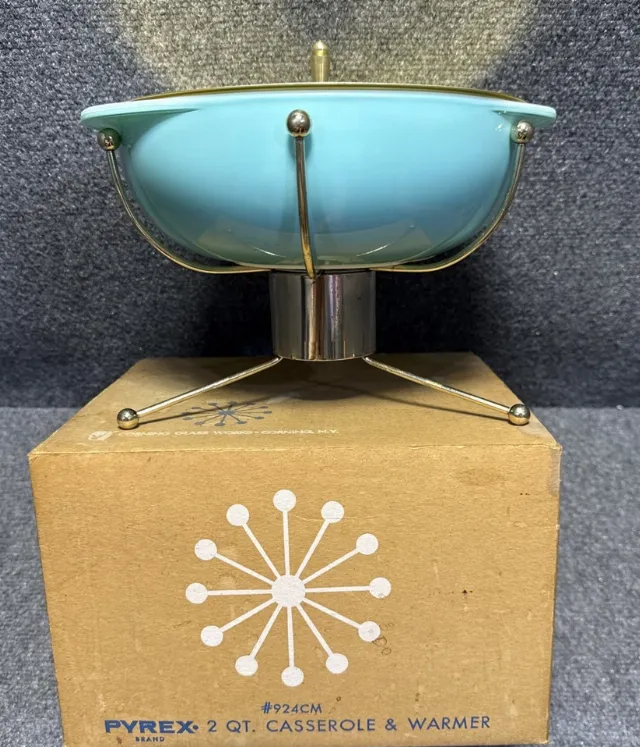 Pyrex Turquoise UFO Atomic Sputnik 2Qt Casserole Warmer Base, Candle & Lid w/Box