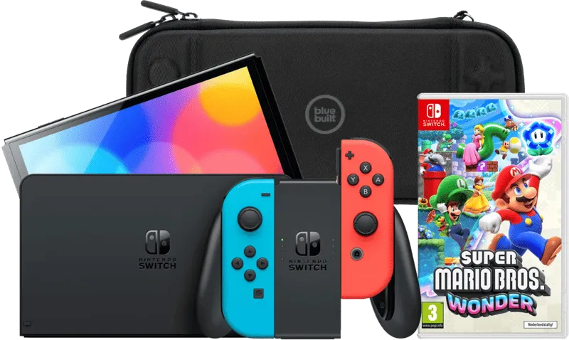 Nintendo Switch OLED Blauw/Rood + Super Mario Bros. Wonder + BlueBuilt Beschermhoes